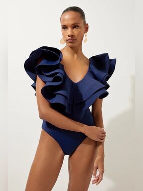 Karen Millen Drama Frill Swimsuit Navy One Piece Ruffle Luxury Swimwear Size M